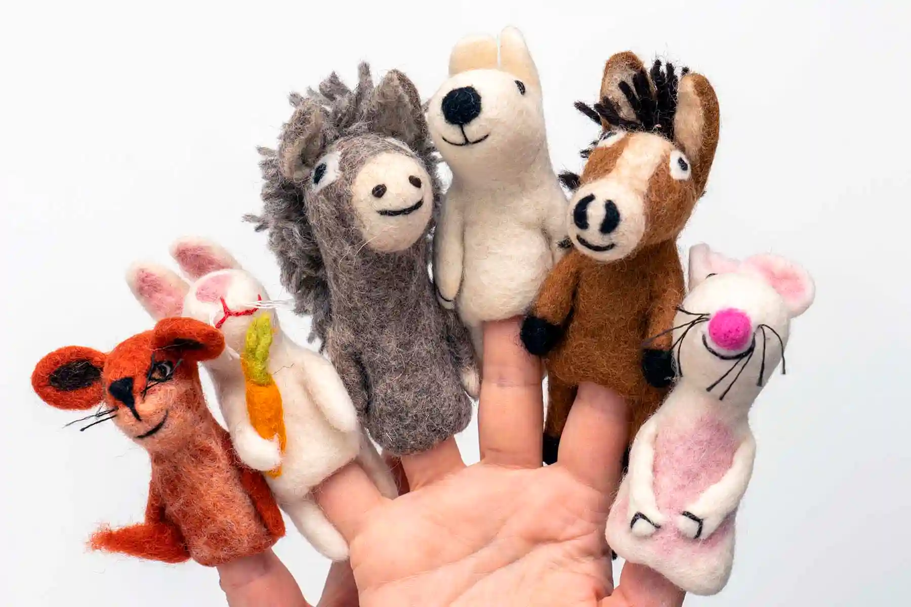 Set Fingerpüppchen Fingerpuppen 6 Tiere aus Wollfilz Eisbär Esel Fuchs Hase Maus Pferd